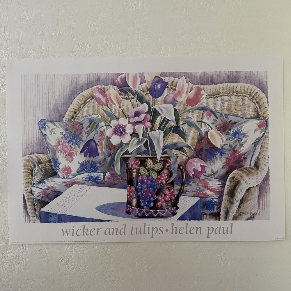 Helen Paul Wicker And Tulips Art Print Poster 1990 Large 24x36” Floral